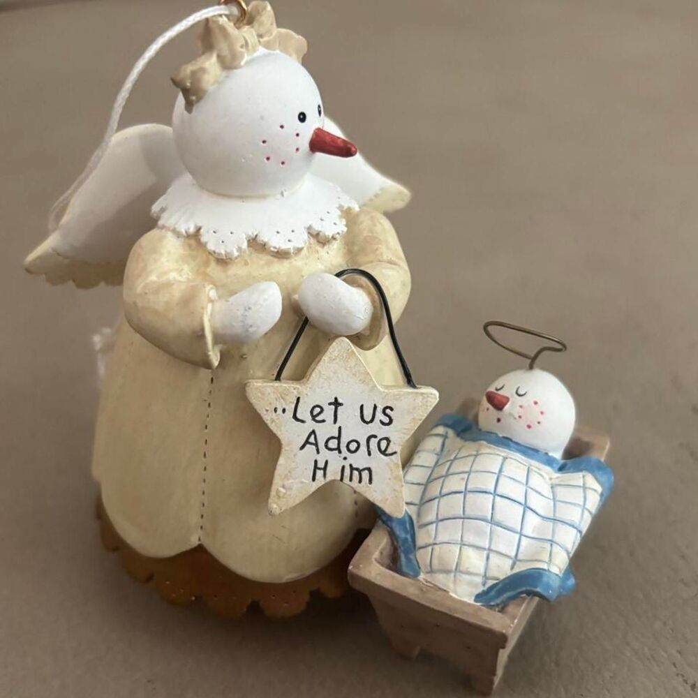 Snowman angle and baby Sandi Gore Evans vintage Christmas ornament